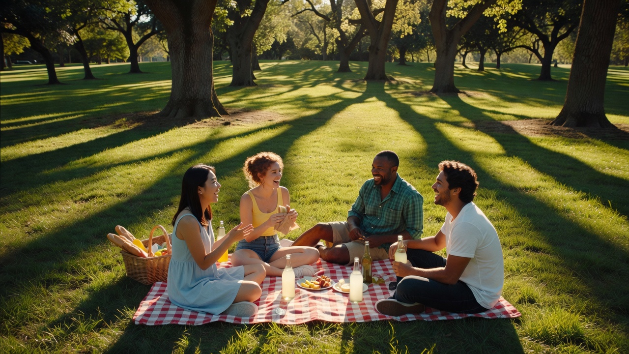 Friends talking around a park picnic blanket beneath long tree shadows