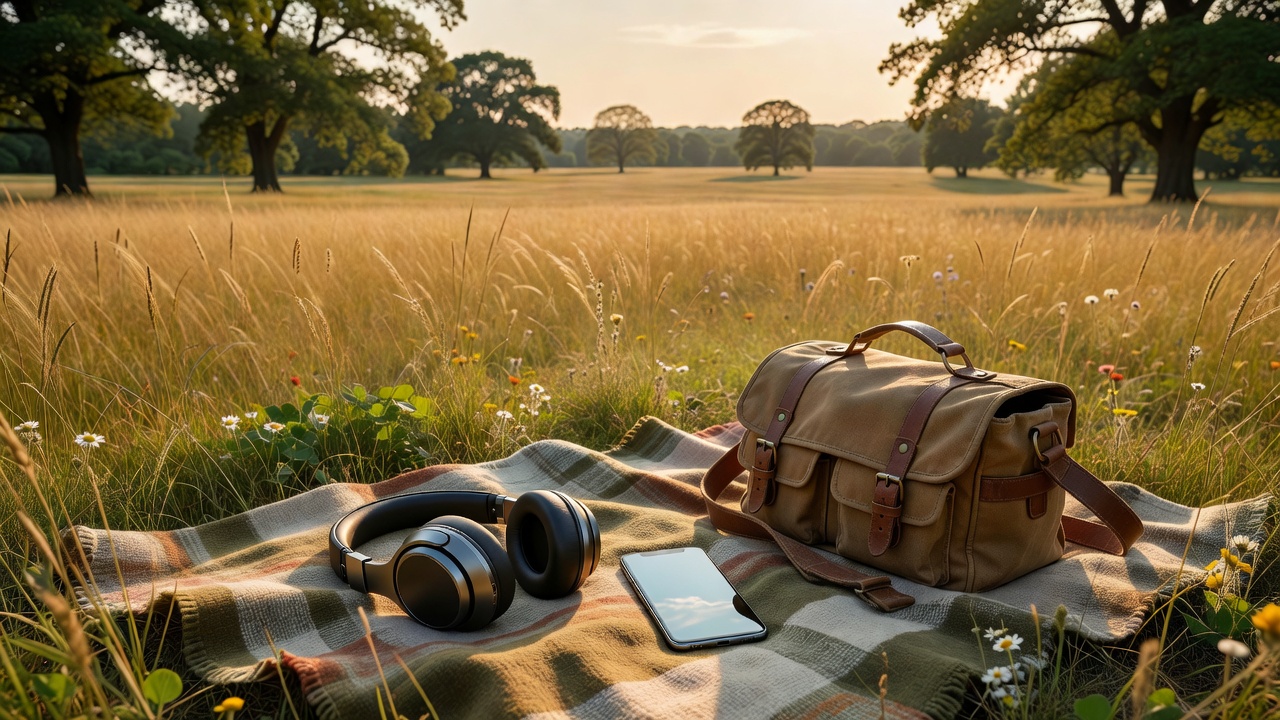 Phone and headphones packed beside a picnic bag overlooking a quiet countryside field