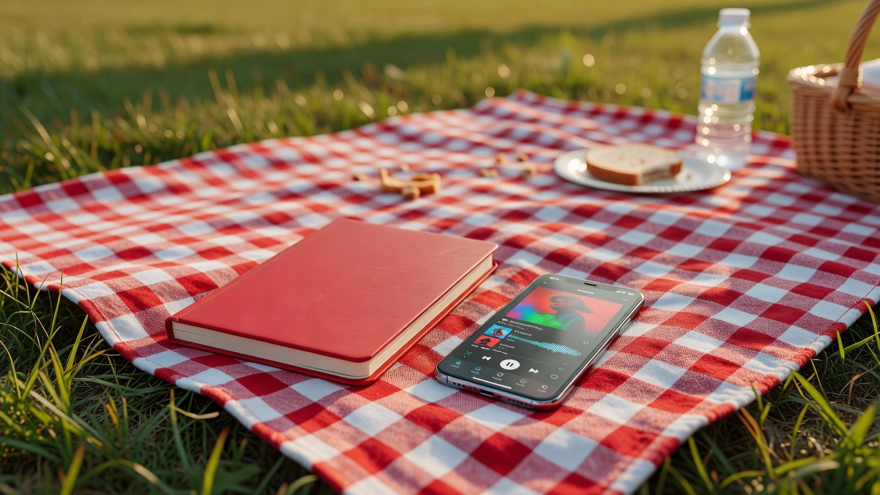 Phone and red notebook on a picnic blanket ready for playlist planning