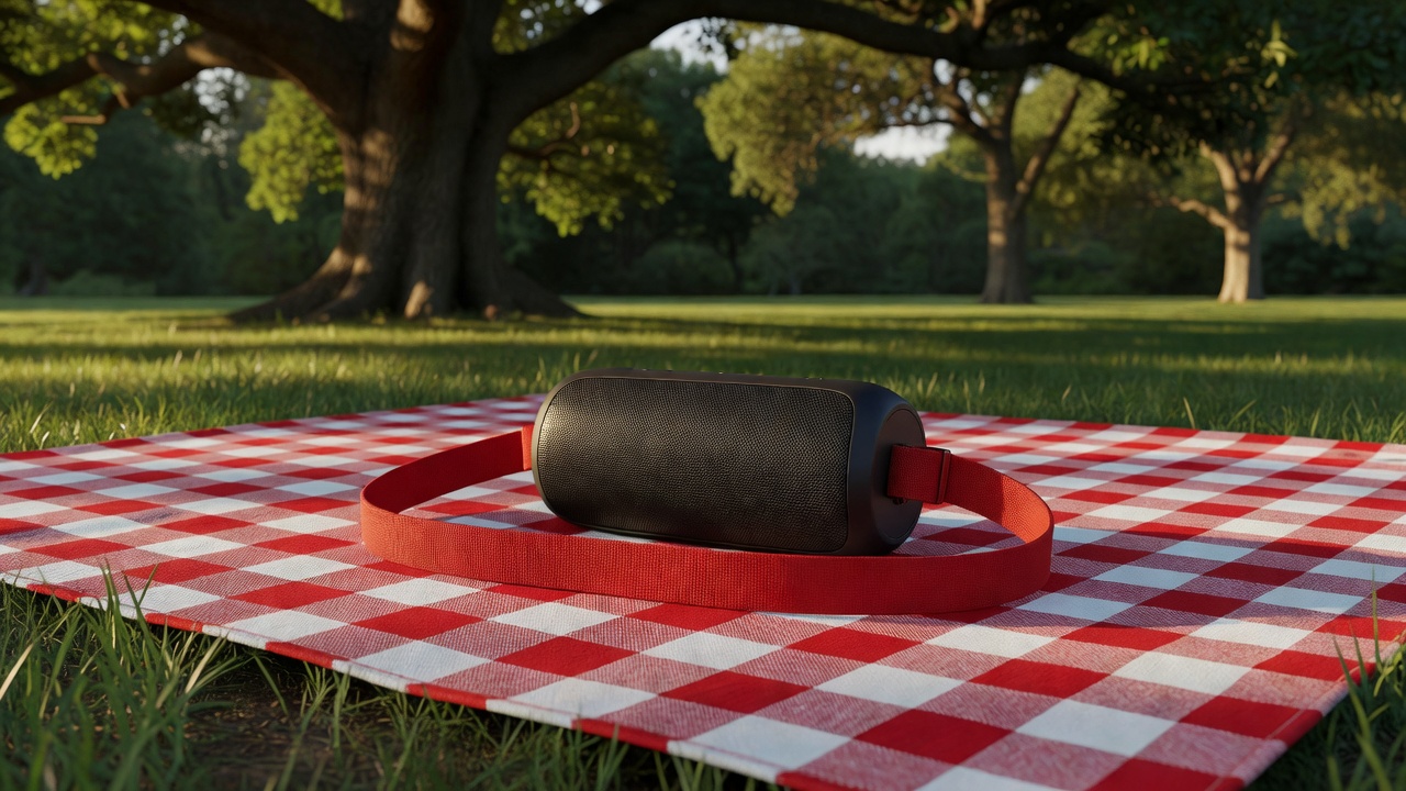 Compact portable speaker with a red carrying strap on a picnic blanket in tree shade