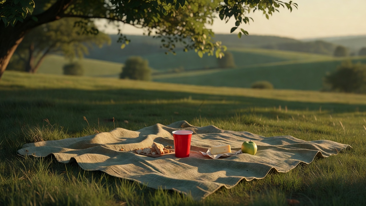 A quiet countryside picnic blanket with a red cup in late-afternoon shade
